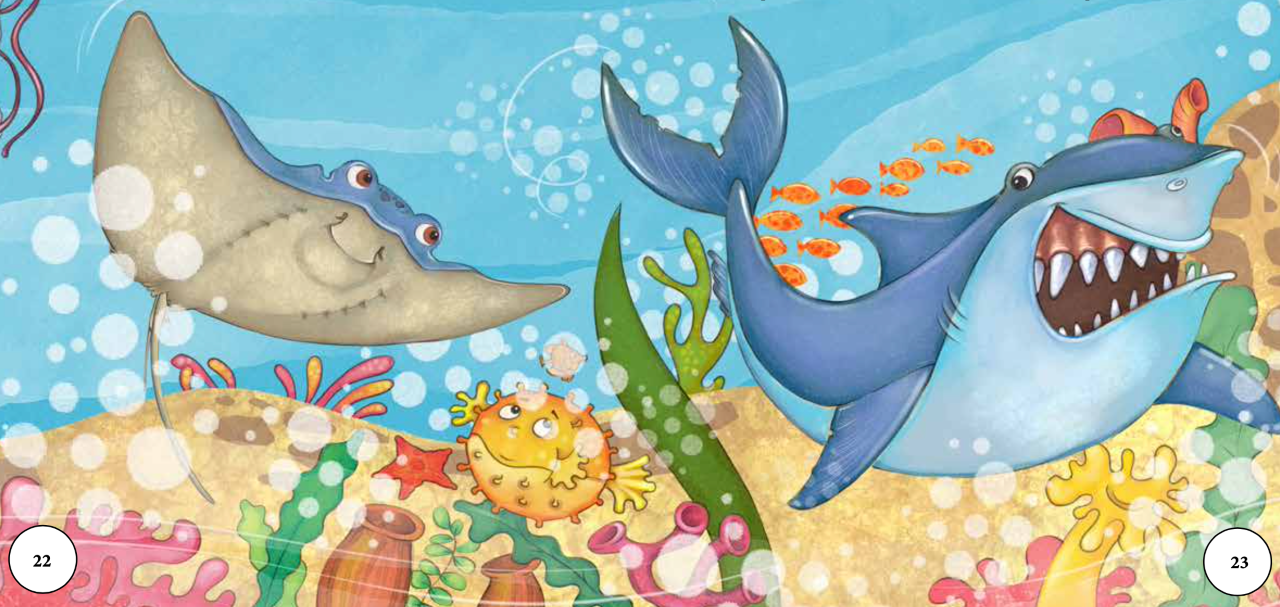 This shows Little Ray and Shark as friends.