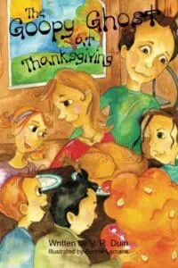 A Thanksgiving meal is on the book cover.