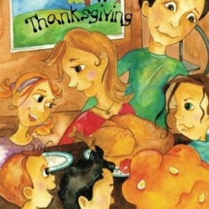 A Thanksgiving meal is on the book cover.
