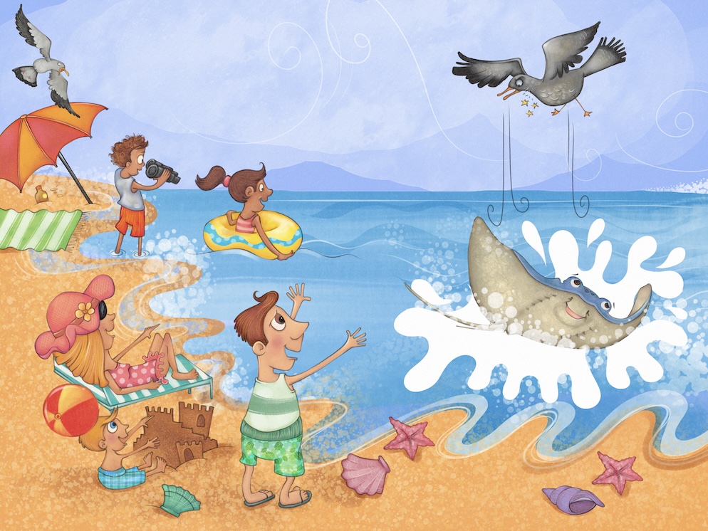 Little Ray makes a splash at the beach.