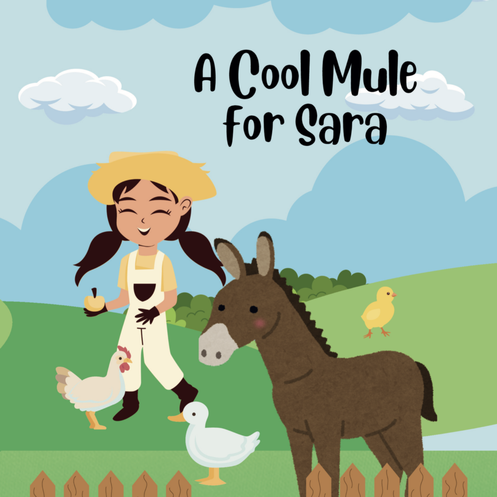 A girl with a mule and farm animals under a blue sky.