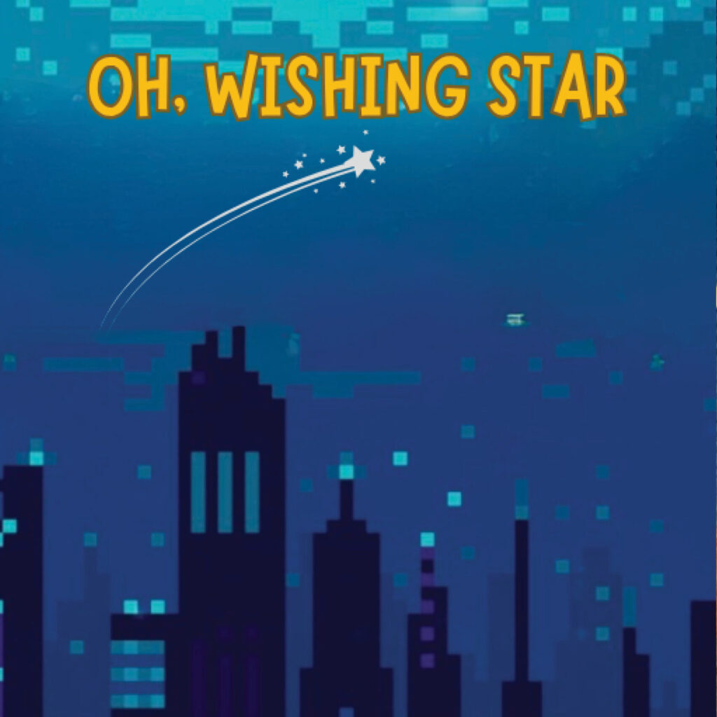 A shooting star streaks across a night sky above a cityscape.